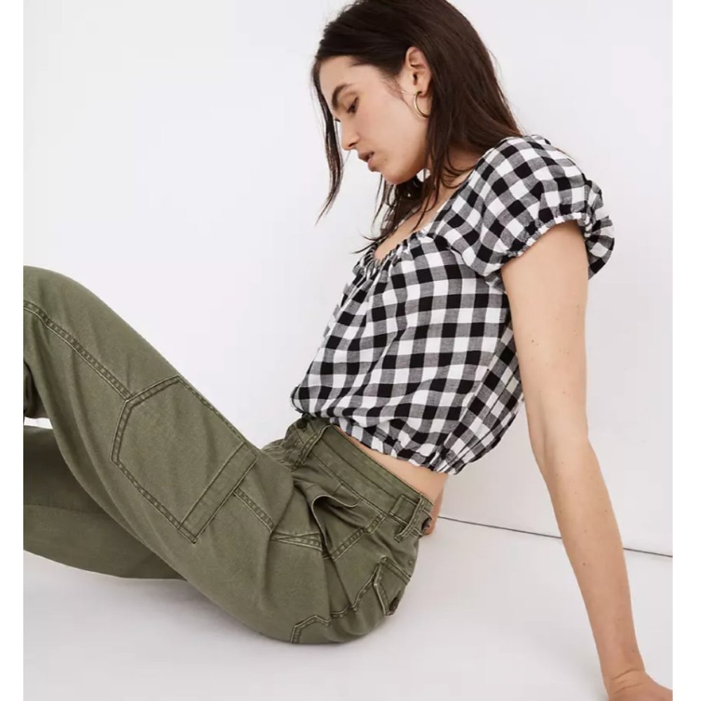 Madewell Linen Blend Puff Sleeve Button Front Crop Top in Gingham Check - Picture 2 of 8